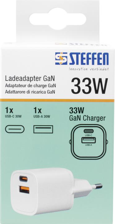 Image du produit Steffen Ladeadapter GaN 33W PD 1xUSB-A + 1xUSB-C max. 3.6A ws (Type 13, 1 x)