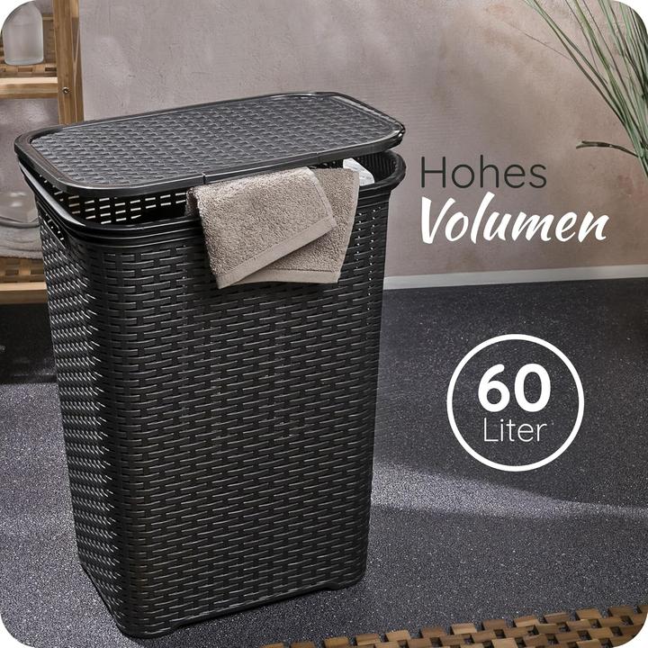 Produktbild Novaliv 3 Stück Rattan Wäschekorb mit Deckel 60L Schwarz, Wäschebox Set Wäscheeimer Wäschebehälter m (60 l)