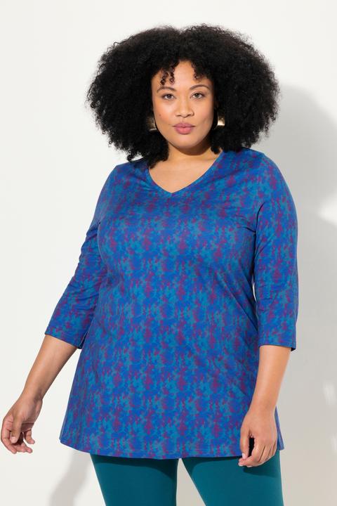 Immagine prodotto Ulla Popken Maglia dal taglio lungo e svasato con design batik, scollo a V e maniche a 3/4 (68)