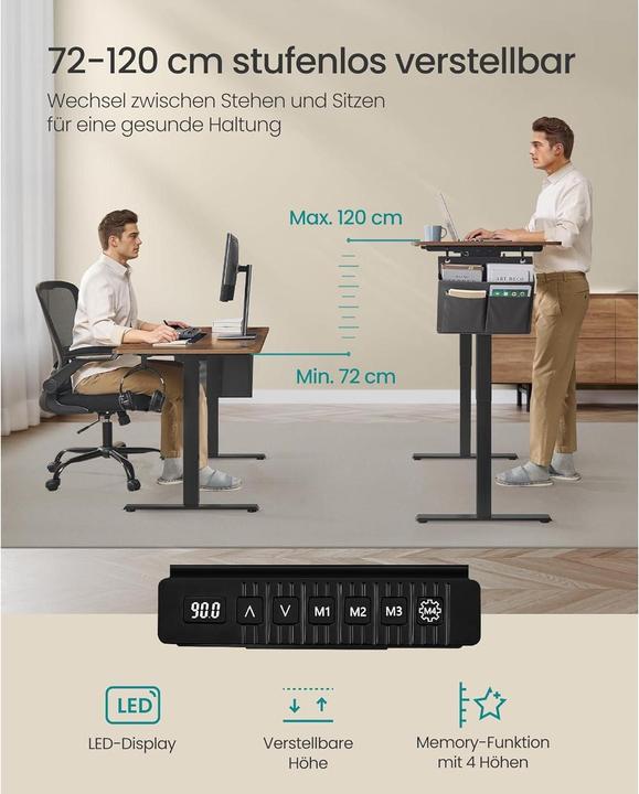 Produktbild Songmics elektrisch höhenverstellbarer Schreibtisch braun rechteckig, C-Fuss-Gestell schwarz 140,0 x (140 x 60 x 120 cm)