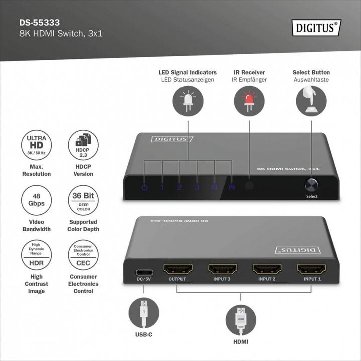 Productafbeelding Digitus 8K HDMI schakelaar, 3x1