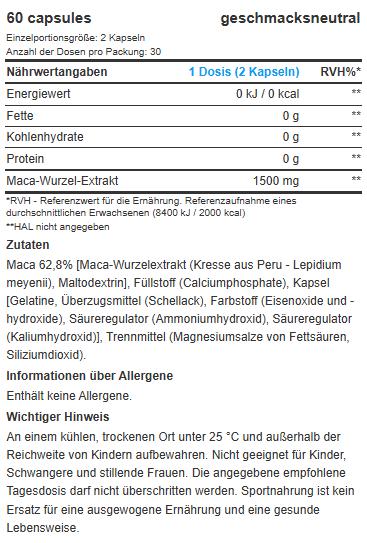 Nährwerte und Zutaten Biotech USA BioTech Maca 60 Kapseln (60 Stück, Kapseln)