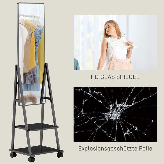 Produktbild Swisshandel24 Ganzkörperspiegel 42 x 155 cm Standspiegel mit Ablage, Wandspiegel mit Rolle (37 x 155 cm)