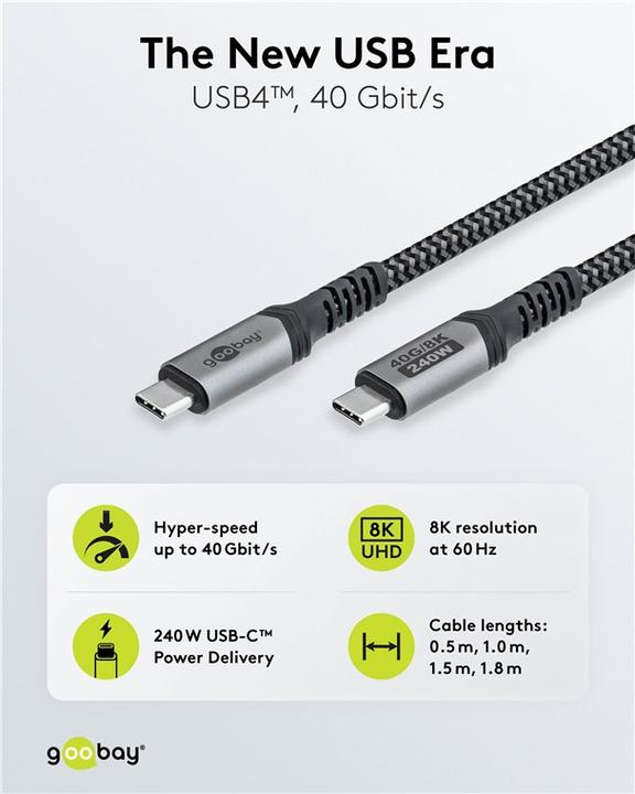 Image du produit Goobay Câble USB-C avec gaine textile, USB4, 240 W, 40 Gbit/s, Power Delivery, 0.5 m, noir, gris (0.50 m, USB 4.0)