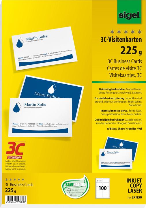 Image du produit Sigel Cartes de visite 3C (225 g/m², 100 x, A4)