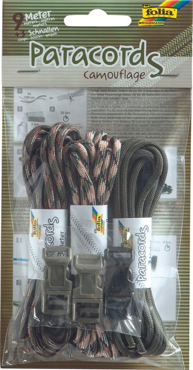 Actual product image Folia Bringmann 83302 - Paracord Set Camouflage, 3 cords of 3 m each and 3 fasteners - ideal for