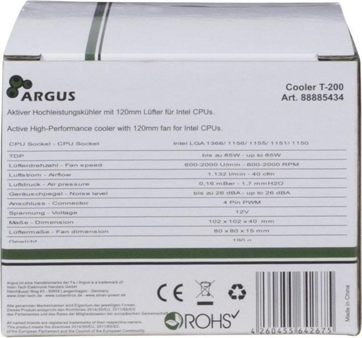 Produktbild Intertech Argus T-200 Aktiv all-in-one-CPU-Kuehler fuer nahezu alle gaengigen Prozessoren und eine TDP mit... (80 mm)