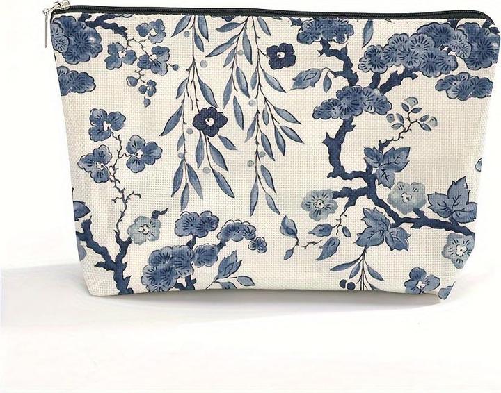 Only-Bags.Store Chic Blau & Weiss Porzellan Floral Kosmetiktasche für Frauen - wasserdicht, grosse Kapazität
