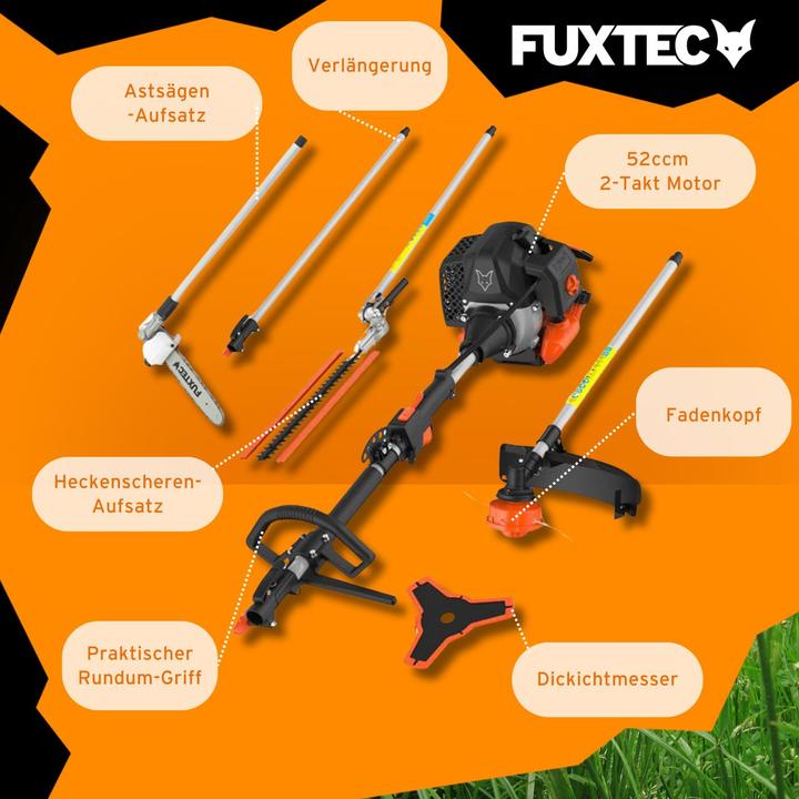 Immagine prodotto Fuxtec FX-MT252ER Multitool 5in1 decespugliatore a benzina con potatore alto regolabile (FX-MT252ER) (Filo di taglio, Coltelli plastica)