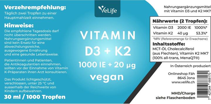 Nutritional values and ingredients VeLife D3 K2 vegan drops (1 Piece, Droplet, 83 g)