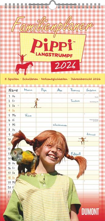 Produktbild Familienplaner Pippi Langstrumpf 2026 - Familien-Timer 22x45 cm - mit Ferienterminen - 5 Spa (22 x 45 cm, Harter Einband, Deutsch)