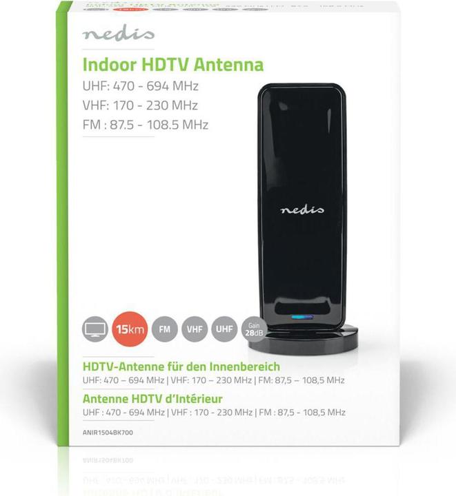 Produktbild Nedis Innenantenne Aktiv FM/UHF/VHF Empfangsbereich: 0-15 km LTE700 Verstärkung dBi (bei Antennenkab (Zimmerantenne, 28 dB, LTE, UKW / MW / LW)