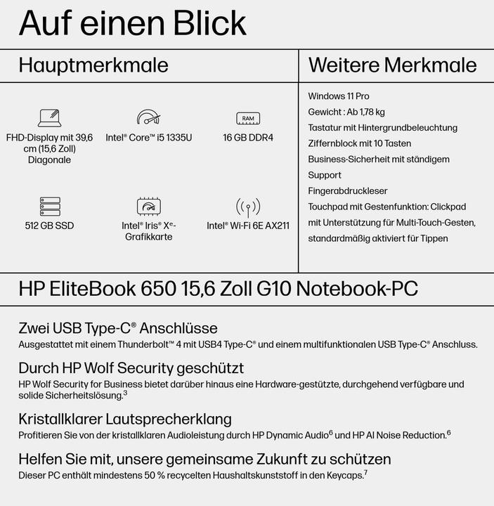 Produktbild HP EliteBook 650 G10 (15.60", Intel Core i5-1335U, 16 GB, 512 GB, DE)