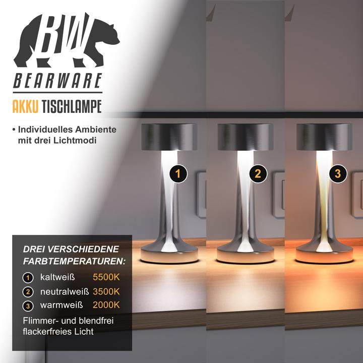 Actual product image Bearware LED Tischleuchte, dimmbar, kabellos, Akku, Touch, Nachttischlampe, Schreibtischlampe, Edelstahl