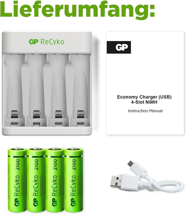 Actual product image GP Batteries USB-Modell Ladegerät GP E411 inkl. 4x ReCyko 1,2V AA Mignon 2100 mAh Akkus (4 pcs., 2100 mAh, Battery + charger)