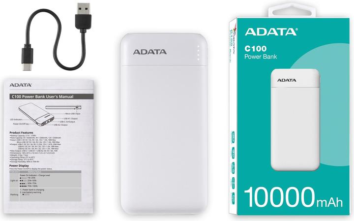 Actual product image Adata POWER BANK USB 10000MAH WHITE/PC100-14WH (10000 mAh, 20 W, 37 Wh)