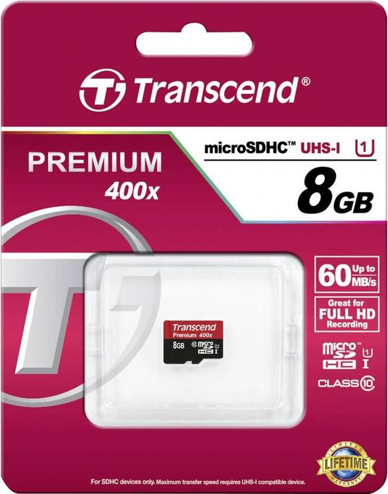 Actual product image Transcend 8GB MICROSDHC CLASS 10 UHS-I (8 GB, microSDHC, U1, UHS-I)