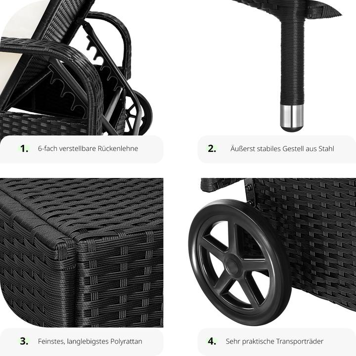 Produktbild tectake Sonnenliege Rattan mit Rollen (200 cm)