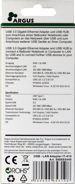 Image du produit Intertech Adaptateur Argus IT-410 Lan (USB-C, 4 Ports)