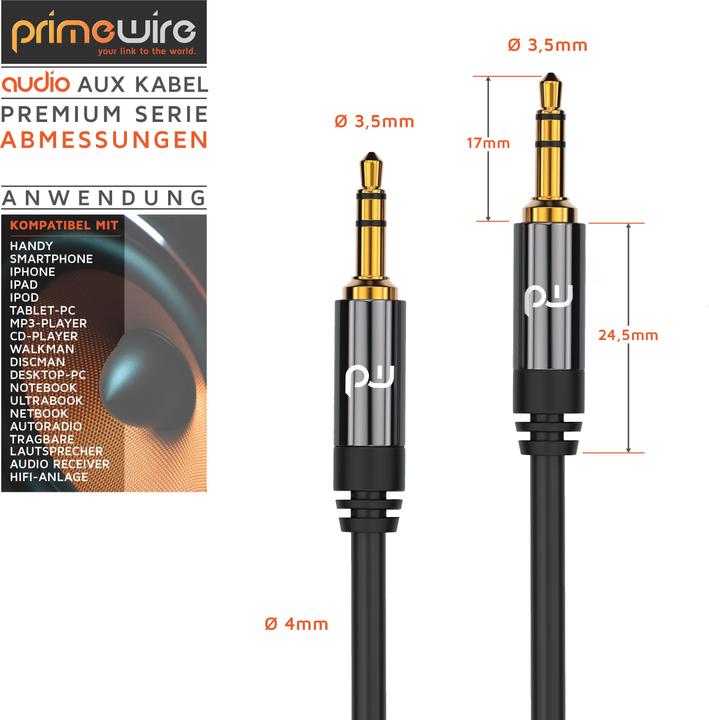 Produktbild Primewire AUX zu 3,5mm Klinke Audio Kabel, HiFi Klinkenkabel für Audiogeräte Premium Series (2 m, 3.5mm Klinke (AUX))