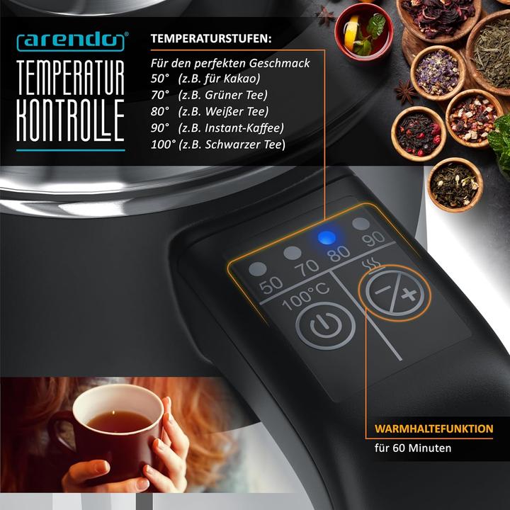 Produktbild Arendo Wasserkocher mit Temperatureinstellung & Warmhaltefunktion (0.50 l, EU-Stecker)