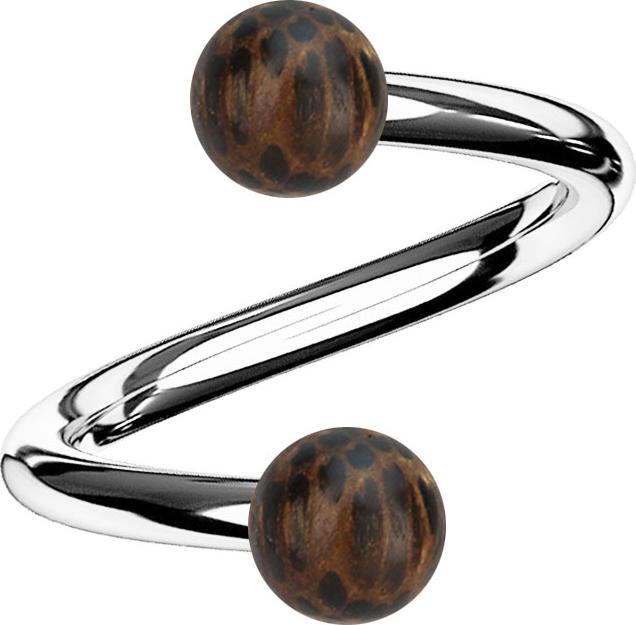 Star Piercing Spirale silber mit zwei Kugeln aus Palmholz (Chirurgenstahl 316L, ohne Messing, Organisch)