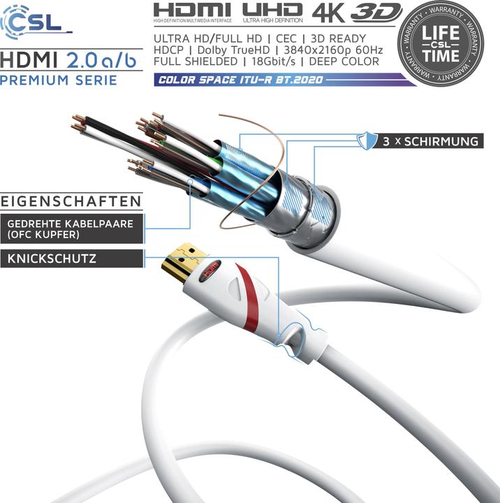 Image du produit CSL Câble HDMI 2.0b - 4k Ultra HD 2160p - 3D Ready - Haute vitesse - 3 fois blindé - HDMI 2.0b 2.0a 2.0 (10 m, HDMI)