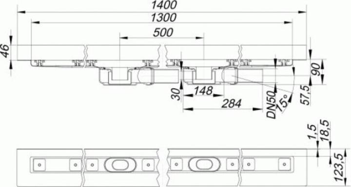Actual product image Dallmer shower channel CeraLine PLAN W 1300mm, 524584, DN 50 Overall height 90mm (1630 mm)