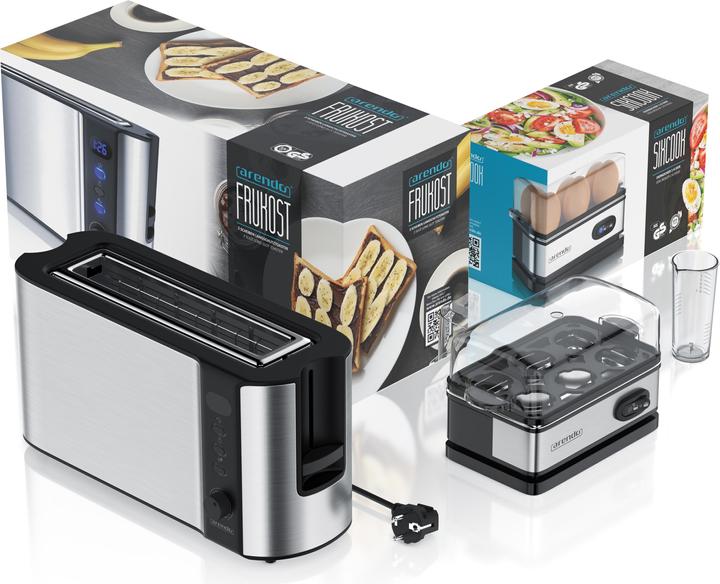 Produktbild Arendo Frühstücks Set, 2-Scheiben Langschlitz Toaster mit Brötchenaufsatz & Eierkocher für 6 Eier, Silber