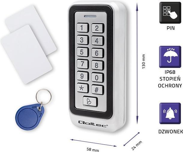 Image du produit Qoltec 52442 Serrure à code RHEA su Lecteur RFID Code Card Porte-clés Sonnette de porte IP68 EM
