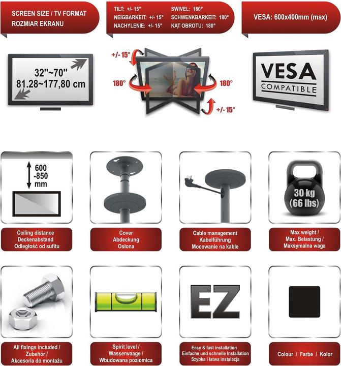 Image du produit Red Eagle Support mural/plafond pour TV LED - CINEMA PLUS 32-70 - Support plafond (Plafond, 70", 30 kg)