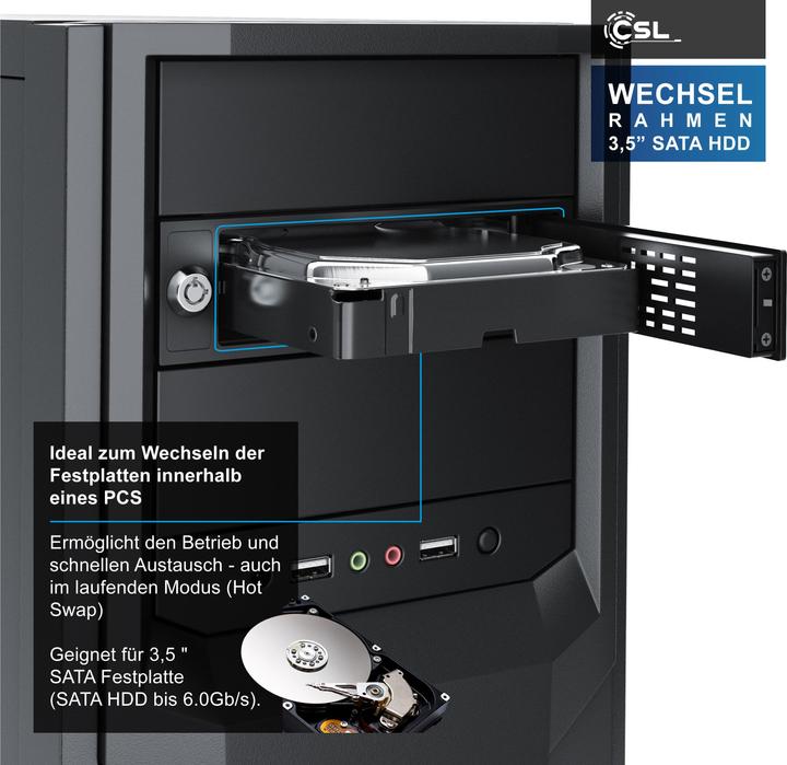 Produktbild CSL Festplatten Wechselrahmen, 5,25", für 3,5" SATA HDD's, Anti-Vibrations-Kit, Abschliessbar