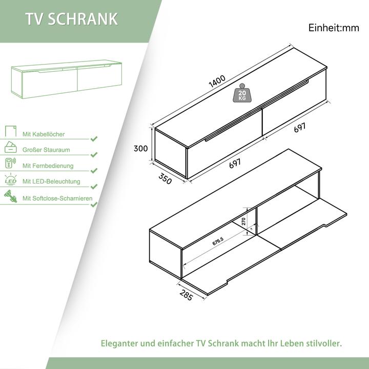 Image du produit SONNI Low-Profile schwarz, TV-Panel hochglänzend, mit LED-Beleuchtung (in 12 Farben einstellbar), mi