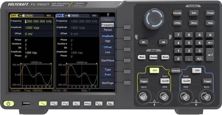 Voltcraft 160 MHz Zweikanal-Arbiträr-Signalgenerator mit Touchscreen-Bedienung