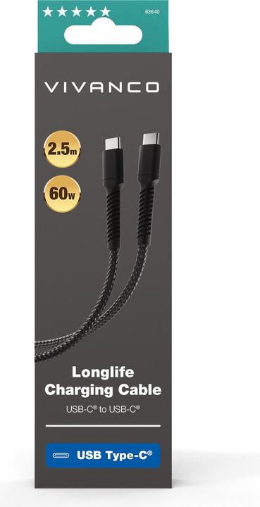 Produktbild Vivanco Longlife USB-C Kabel, Nylon, USB-C Stecker <> USB-C Stecker, 60W, schwarz, 2,5m (2.50 m, USB 2.0, 60 W)