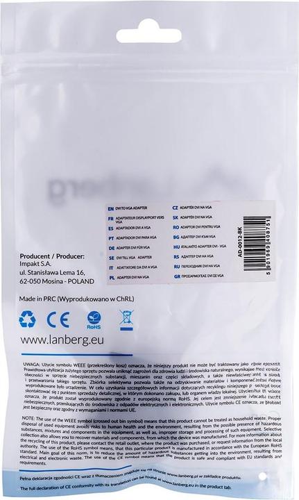 Nutritional values and ingredients Lanberg AD-0012-BK Video Cable Adapter DVI-I VGA (D-Sub) (VGA, 4 cm)