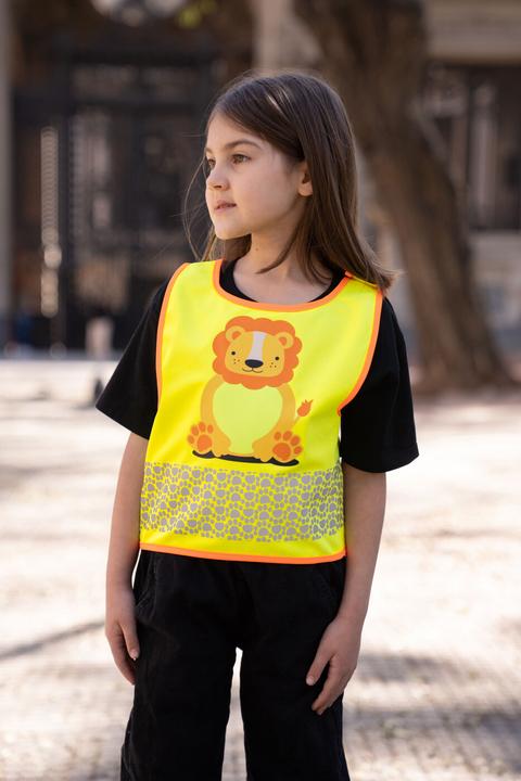 Immagine prodotto Korntex Gilet alta visibilità per bambini giallo/leone selvatico CO2 neutro XS EN 17353 ® FUNLIONYW (XS)