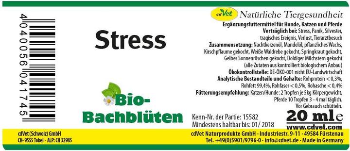 Produktbild cdVet Hunde-Nahrungsergänzung Bio-Bachblüten, Stress, 20 ml (Junior, Senior, Adult, 1 Stk., 60 g)