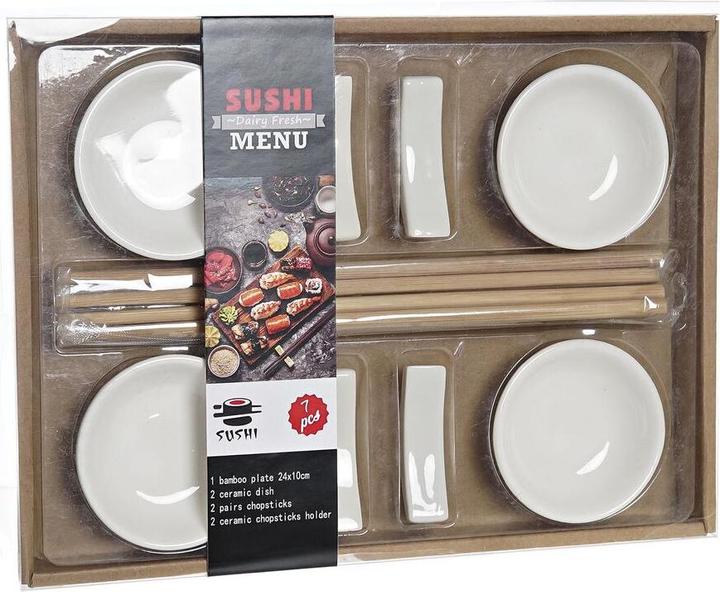 Produktbild DKD Home Decor Sushi-Set Bambus Steingut Weiss natürlich Orientalisch 27,3 x 20,3 x 2,5 cm (12 Stück) (12 Stück)