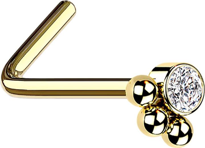 Star Piercing Nasenstecker gewinkelt vergoldet Kristall mit drei Kugeln (Chirurgenstahl 316L)