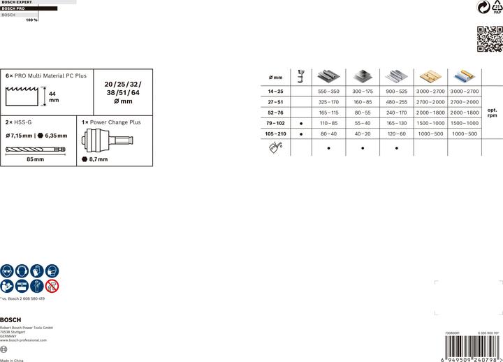 Nutritional values and ingredients Bosch Professional Zubehör PRO Multi Material PC Plus hole saw set, 9 pcs. (25 mm, 20 mm, 38 mm, 32 mm, 64 mm, 51 mm)