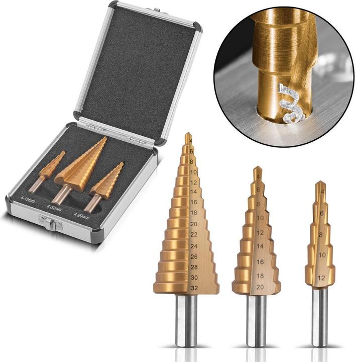 Actual product image Stahlwerk HSS step drill bit set of 3 TiN-coated drill bits with aluminium box (4-12mm, 4-20mm, Ø 4-32mm)