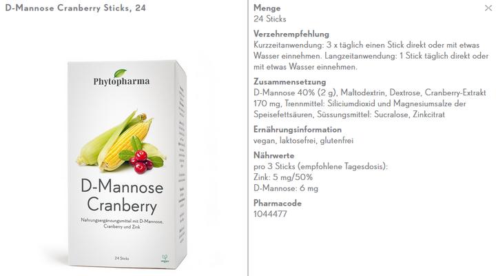 Nutritional values and ingredients Phytopharma D-Mannose Cranberry Stick 24 Stk (24 Piece, Pen)