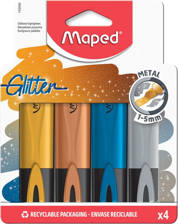 Maped Evidenziatore, pennarello FLUO PEPS METALLIC GLITTER - x4 pennarelli con particelle di glitter (oro) (Colori assortiti, 5 mm, 4 x)