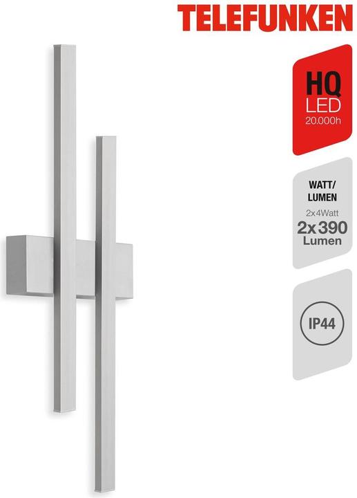 Actual product image Telefunken LED wall light IP44 2x4W 390 lm 4000 K neutral white Graz silver 470 mm (390 lm, IP44)
