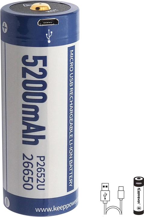 Immagine prodotto Keeppower 5200mAh 26650 Li-Ion Akku 3,7 Volt 70,3x26,5mm PCB geschützt mit USB Lademöglichkeit (1 pz., 26650, 5200 mAh)