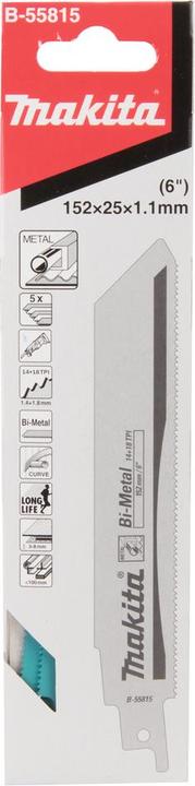 Produktbild Makita B-55815 Straight saw blades BIM convex tooth 152X1,1MM (14 + 18TPI), 5pcs, For metal, 3-8mm, for pip