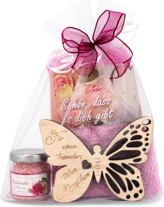 ZNatur Geschenkset Zirben Holz Schmetterling mit Gravur Lieber Mensch Badesalz & Tuch No.39 (Körperpflegeset)
