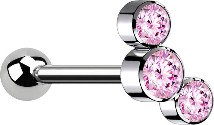 Actual product image Star Piercing Micro Barbell Innengewinde silber mit Kugel und drei Kristalle pink (without brass, Titanium G23)
