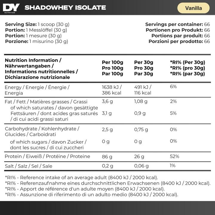 Nutritional values and ingredients DY Nutrition Shadowhey Isolate (Vanilla, 1 pcs., 2400 g)